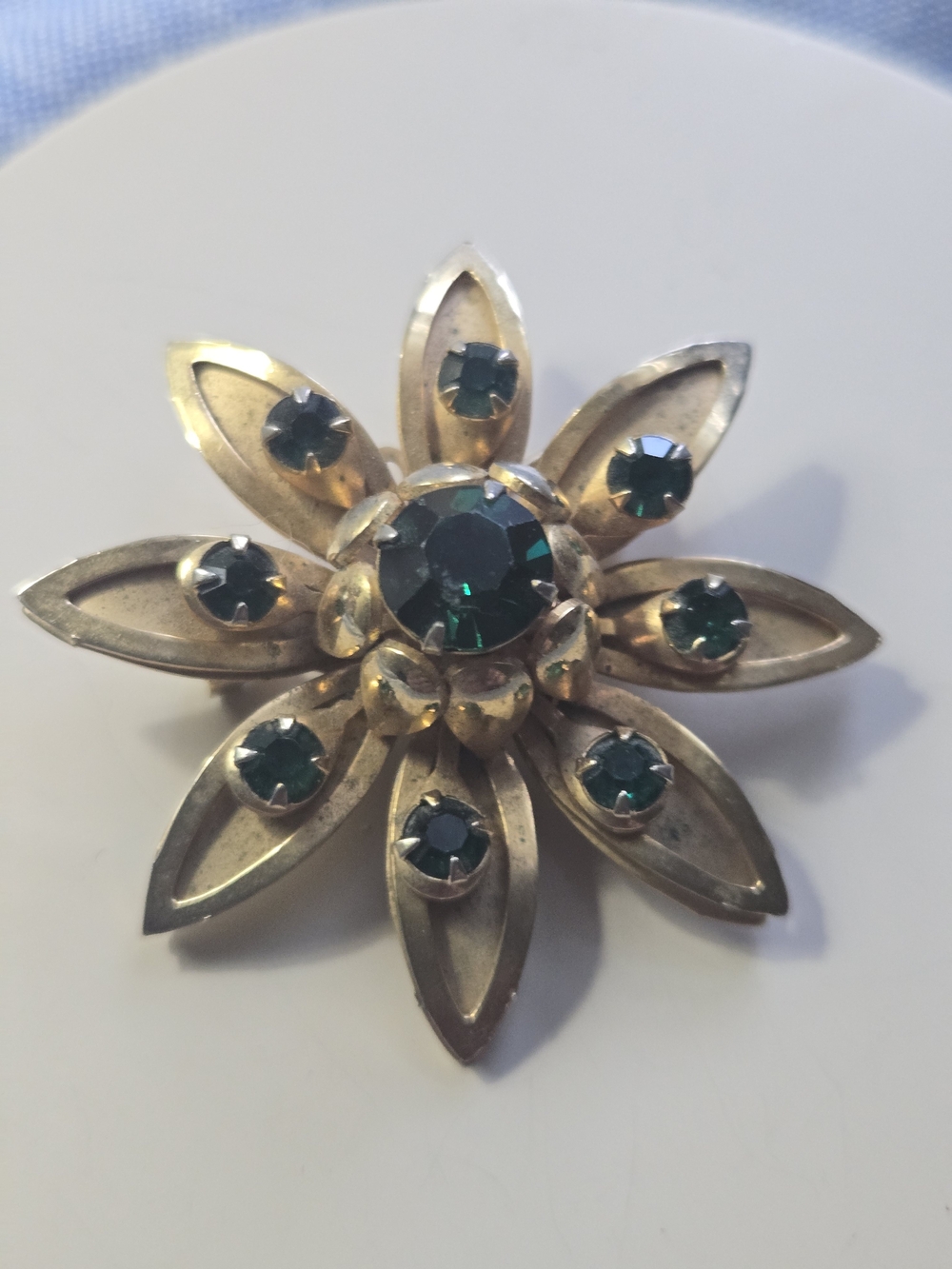 Gold-Tone Flower Brooch with Emerald Green Stones - Women Jewelry